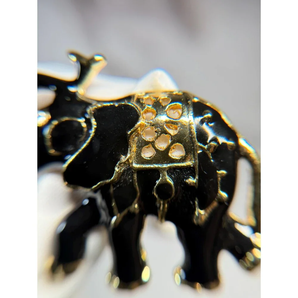 Vintage Black Enamel Elephant Brooch Gold Tone Rhinestone Figural Pin